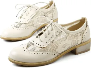ELFY Women's Perforated Lace-up Wingtip Close Front Brogue Shoes Vintage Lace Oxford Shoes