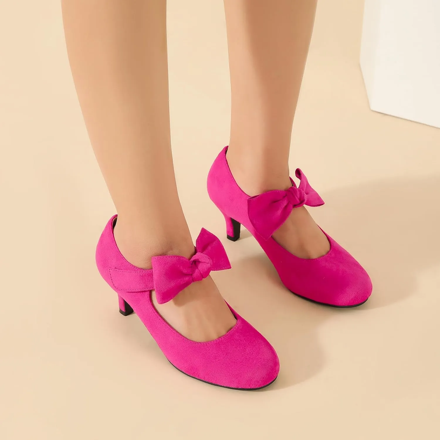 Enelauge Women's Bow Mary Jane Pumps Low Kitten Heels Round Toe Ankle Strap Wedding Office Work Dress Evening Party Shoes