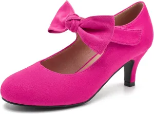 Enelauge Women's Bow Mary Jane Pumps Low Kitten Heels Round Toe Ankle Strap Wedding Office Work Dress Evening Party Shoes