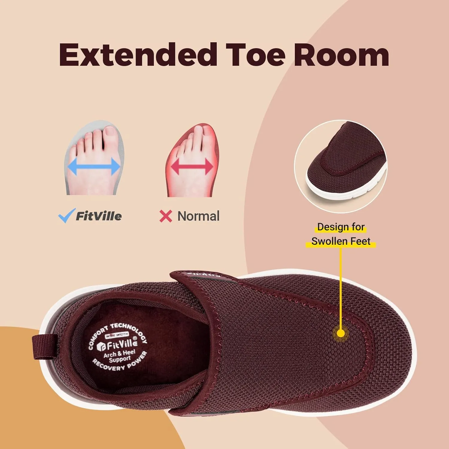 FitVille Diabetic Shoes for Women Extra Wide Walking Shoes Slip-On Orthopedic Shoes with Adjustable Strap for Swollen Feet Neuropathy - EasyTop Wings V2