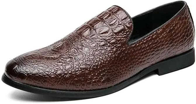 Formal Shoes for Men Slip On Round Burnished Toe Vegan Leather Crocodile Print Low Top Resistant Non Slip Block Heel Rubber Sole Casual