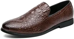 Formal Shoes for Men Slip On Round Burnished Toe Vegan Leather Crocodile Print Low Top Resistant Non Slip Block Heel Rubber Sole Casual