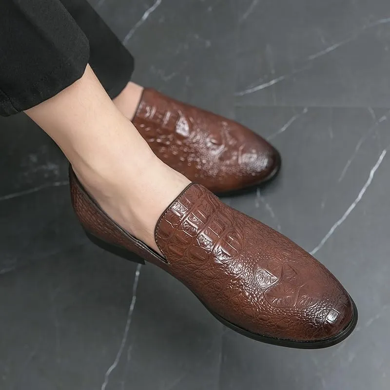 Formal Shoes for Men Slip On Round Burnished Toe Vegan Leather Crocodile Print Low Top Resistant Non Slip Block Heel Rubber Sole Casual