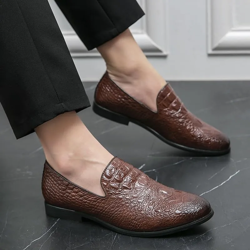 Formal Shoes for Men Slip On Round Burnished Toe Vegan Leather Crocodile Print Low Top Resistant Non Slip Block Heel Rubber Sole Casual