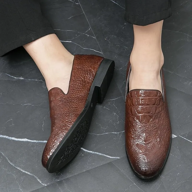Formal Shoes for Men Slip On Round Burnished Toe Vegan Leather Crocodile Print Low Top Resistant Non Slip Block Heel Rubber Sole Casual
