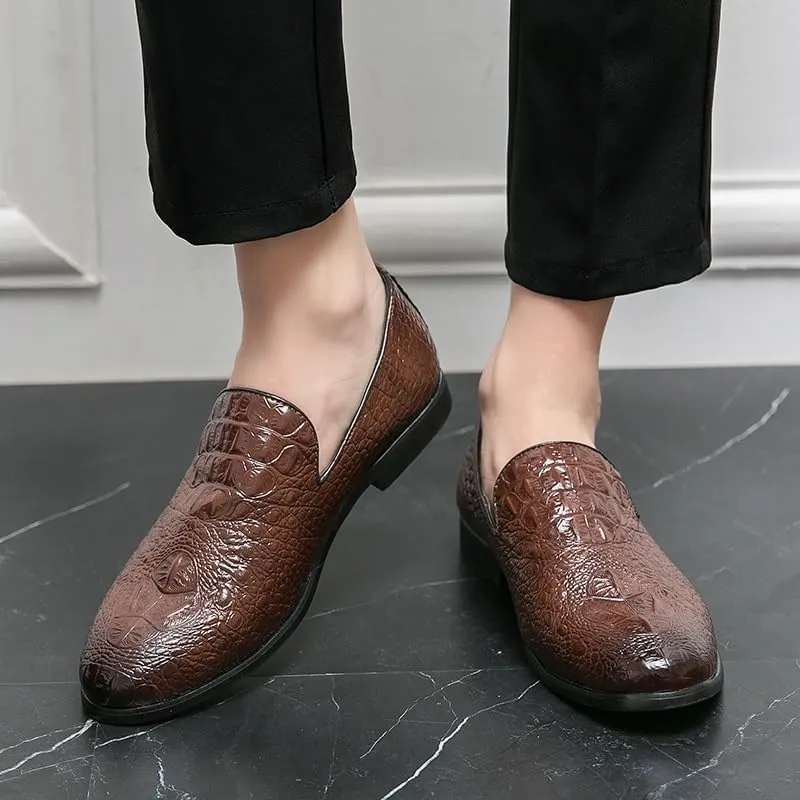 Formal Shoes for Men Slip On Round Burnished Toe Vegan Leather Crocodile Print Low Top Resistant Non Slip Block Heel Rubber Sole Casual
