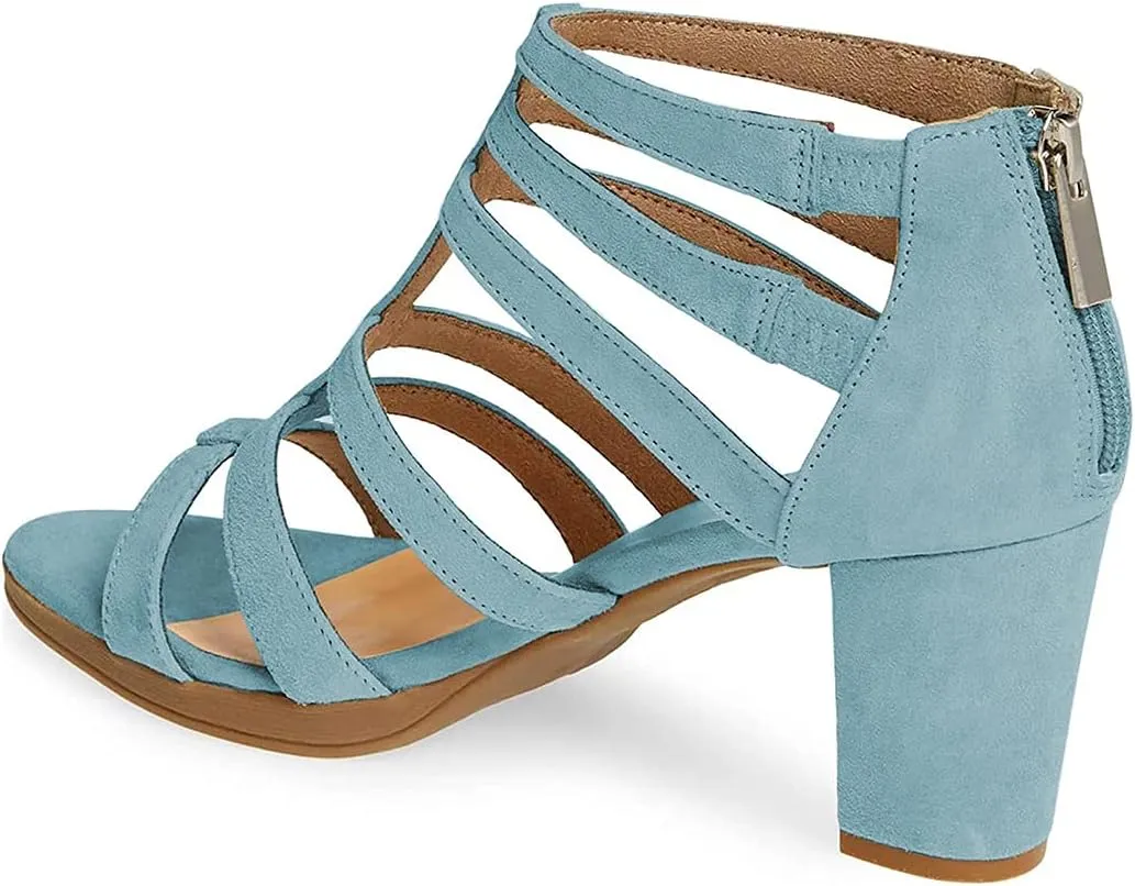 FSJ Women Chunky Mid High Heel Sandals Open Toe T-Strap Pumps Cutout Dress Party Prom Office Strappy Shoes Elastic Back Zipper Size 4-15 US