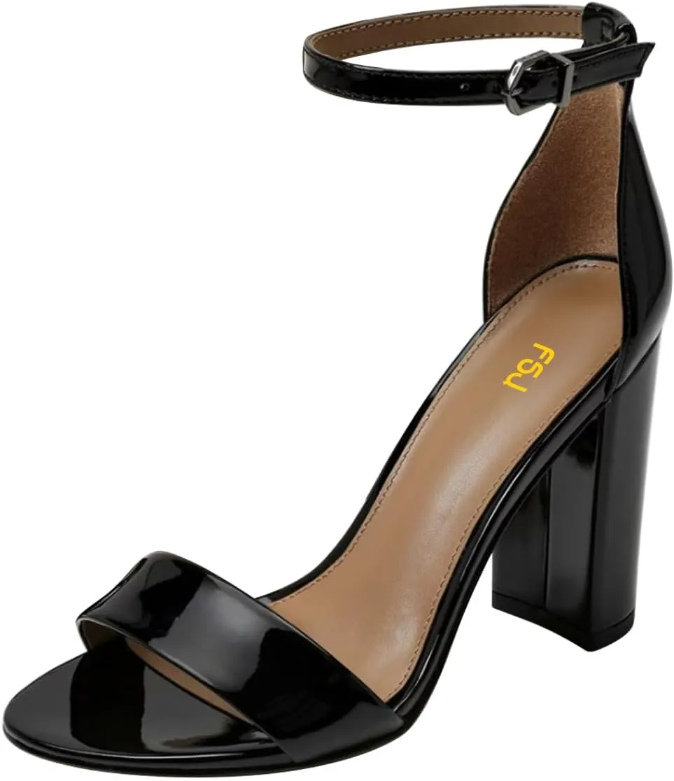 FSJ Women Classic Chunky High Heel Sandals Open Toe Ankle Strap Single Band Dress Shoe Size 4-15 US