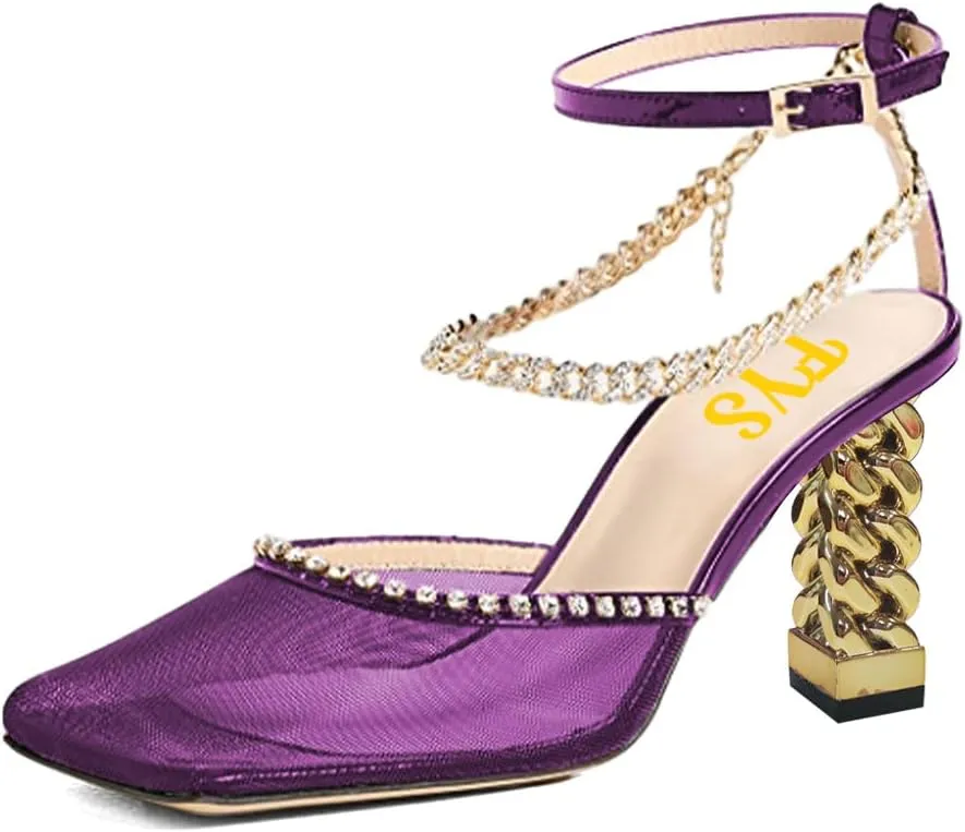 FYS Women Bling Square Toe Rhinestone Heeled Sandals Gold Metal Block Heels Ankle Strap Studded Chain Party Prom Fashion Breathable Mesh Shoes Size 4-15 US