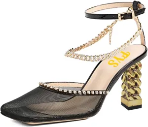 FYS Women Bling Square Toe Rhinestone Heeled Sandals Gold Metal Block Heels Ankle Strap Studded Chain Party Prom Fashion Breathable Mesh Shoes Size 4-15 US