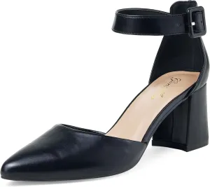 GENSHUO Women's Closed Toe Low Block Chunky Heels Pointed Toe 2 Inch Pumps with Ankle Strap Comfortable Dress Shoes for Daily Work Wedding Party