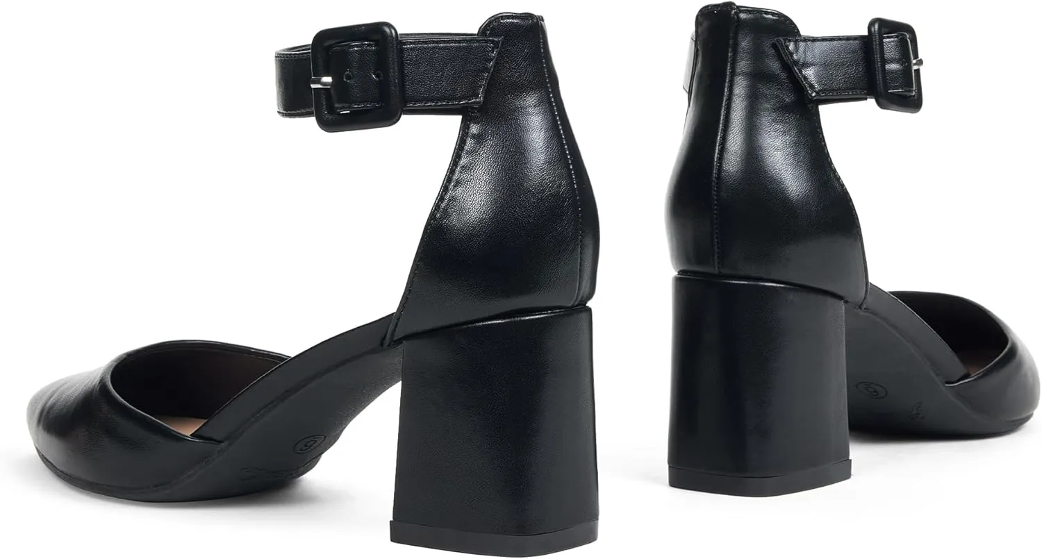 GENSHUO Women's Closed Toe Low Block Chunky Heels Pointed Toe 2 Inch Pumps with Ankle Strap Comfortable Dress Shoes for Daily Work Wedding Party