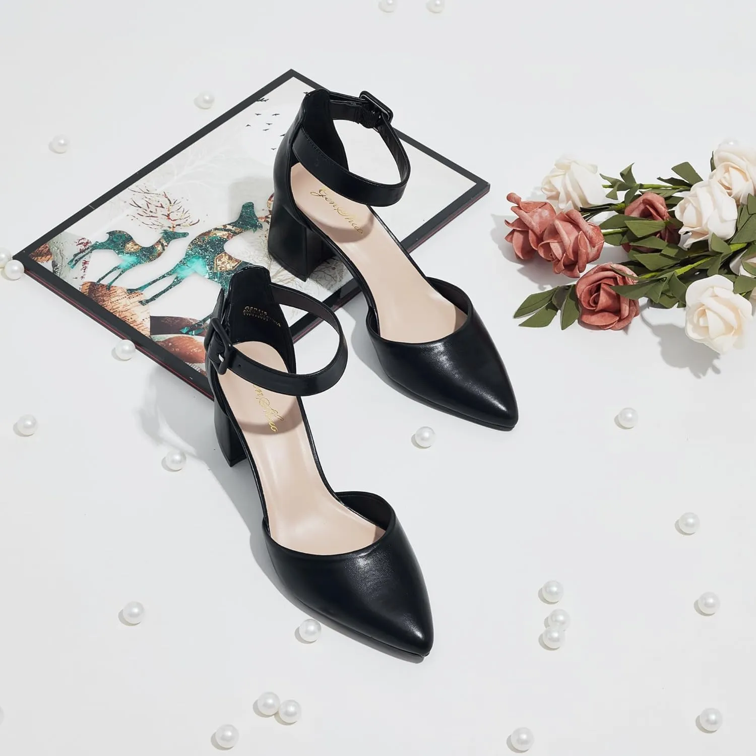 GENSHUO Women's Closed Toe Low Block Chunky Heels Pointed Toe 2 Inch Pumps with Ankle Strap Comfortable Dress Shoes for Daily Work Wedding Party