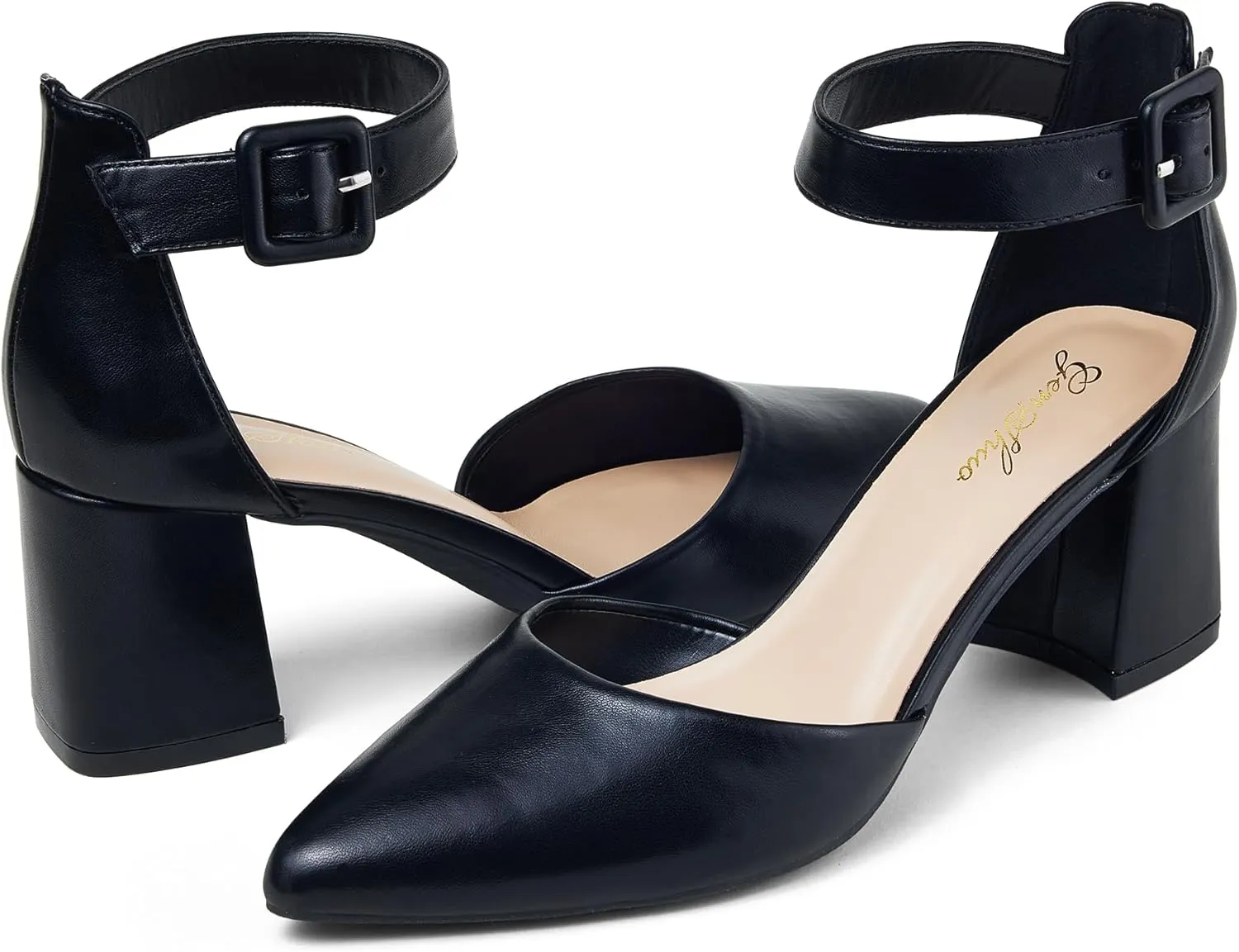GENSHUO Women's Closed Toe Low Block Chunky Heels Pointed Toe 2 Inch Pumps with Ankle Strap Comfortable Dress Shoes for Daily Work Wedding Party