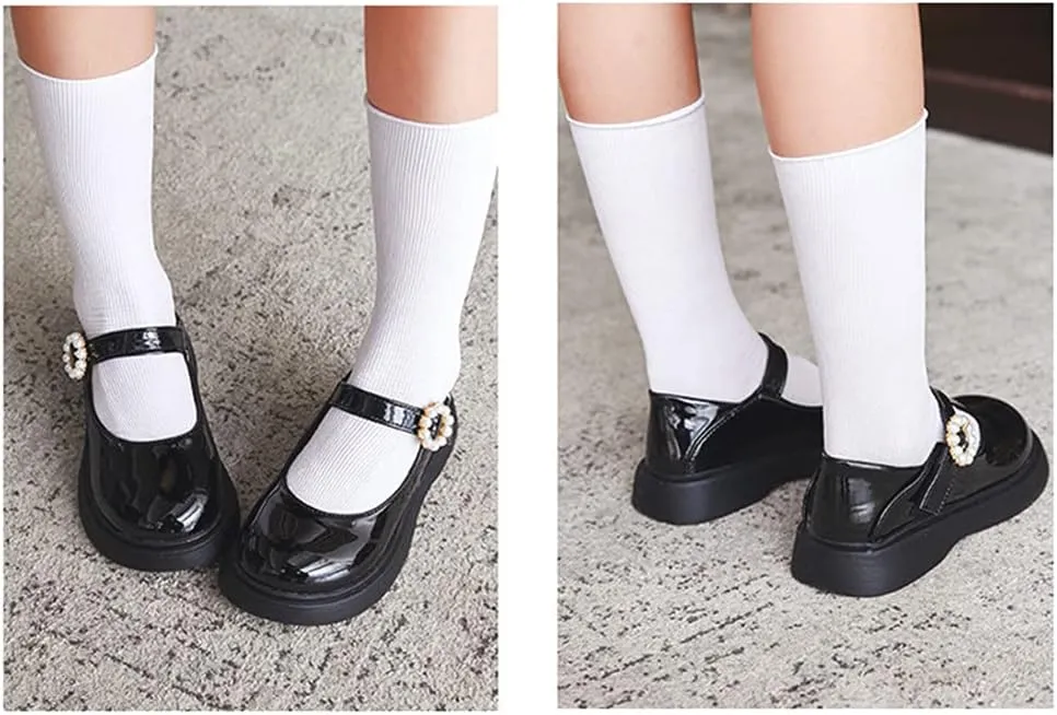 Girl's Classic Mary Jane School Uniform Shoes Flat Dress Shoes Pearl Strap Princess Dress Shoe