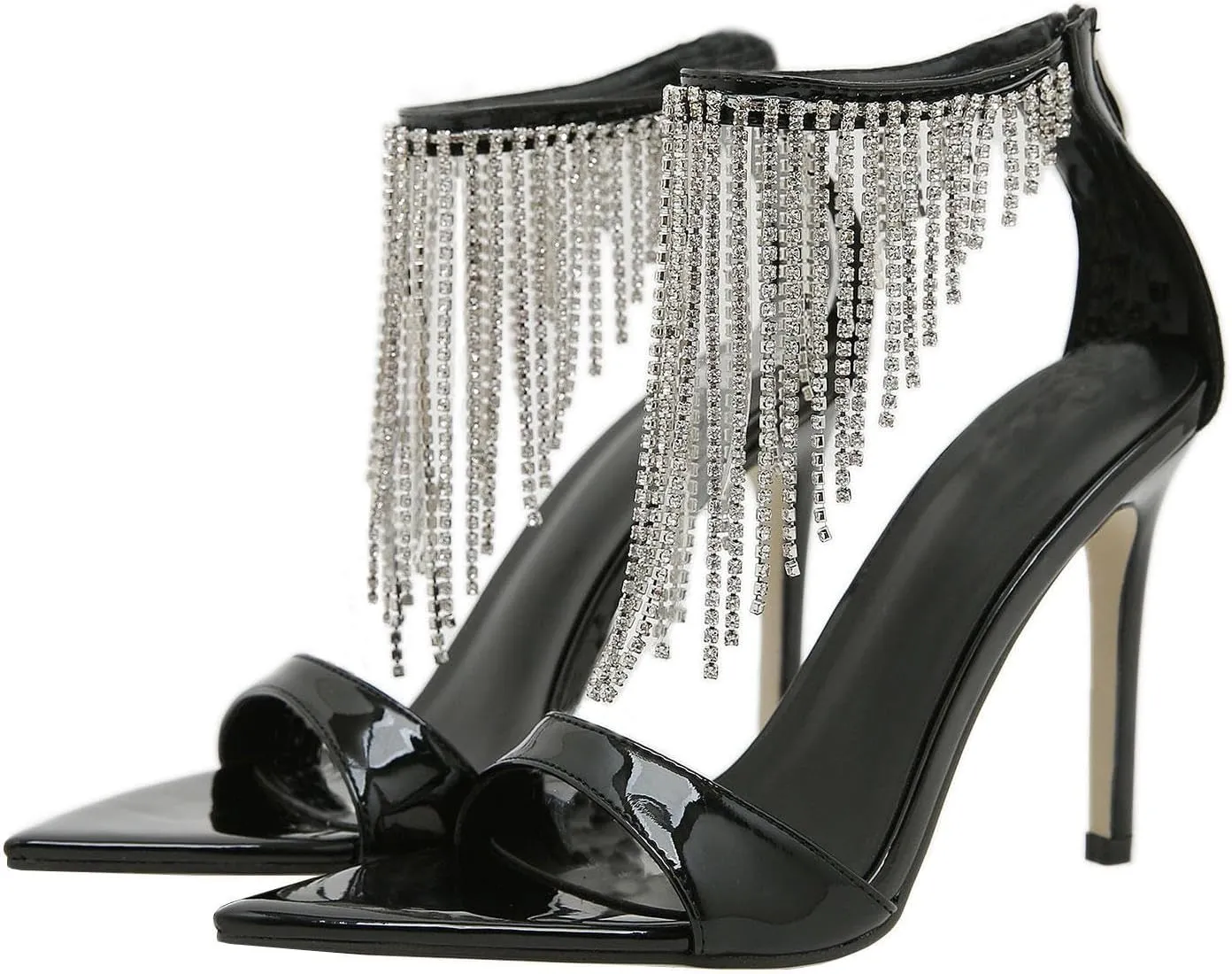 High Heels Women's Stiletto Open Toe Rhinestone Tassels Pump Sandals Wedding Bridal Party Prom Dress Shoes 10.5cm,Black-40