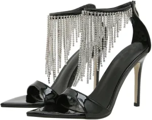 High Heels Women's Stiletto Open Toe Rhinestone Tassels Pump Sandals Wedding Bridal Party Prom Dress Shoes 10.5cm,Black-40