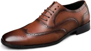HOOENG Dress Oxford for Men Lace Up Brogue Embossed Burnished Wing Tip Vegan Leather Block Heel Anti-Slip Rubber Sole Low Top Classic (Color : Brown, Size : 8)