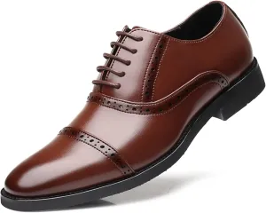 HOOENG Oxford Shoes for Men Lace Up Cap Toe Round Burnished Toe Vegan Leather Slip Resistant Anti-Slip Non Slip Block Heel Rubber Sole Classic (Color : Brown, Size : 7)