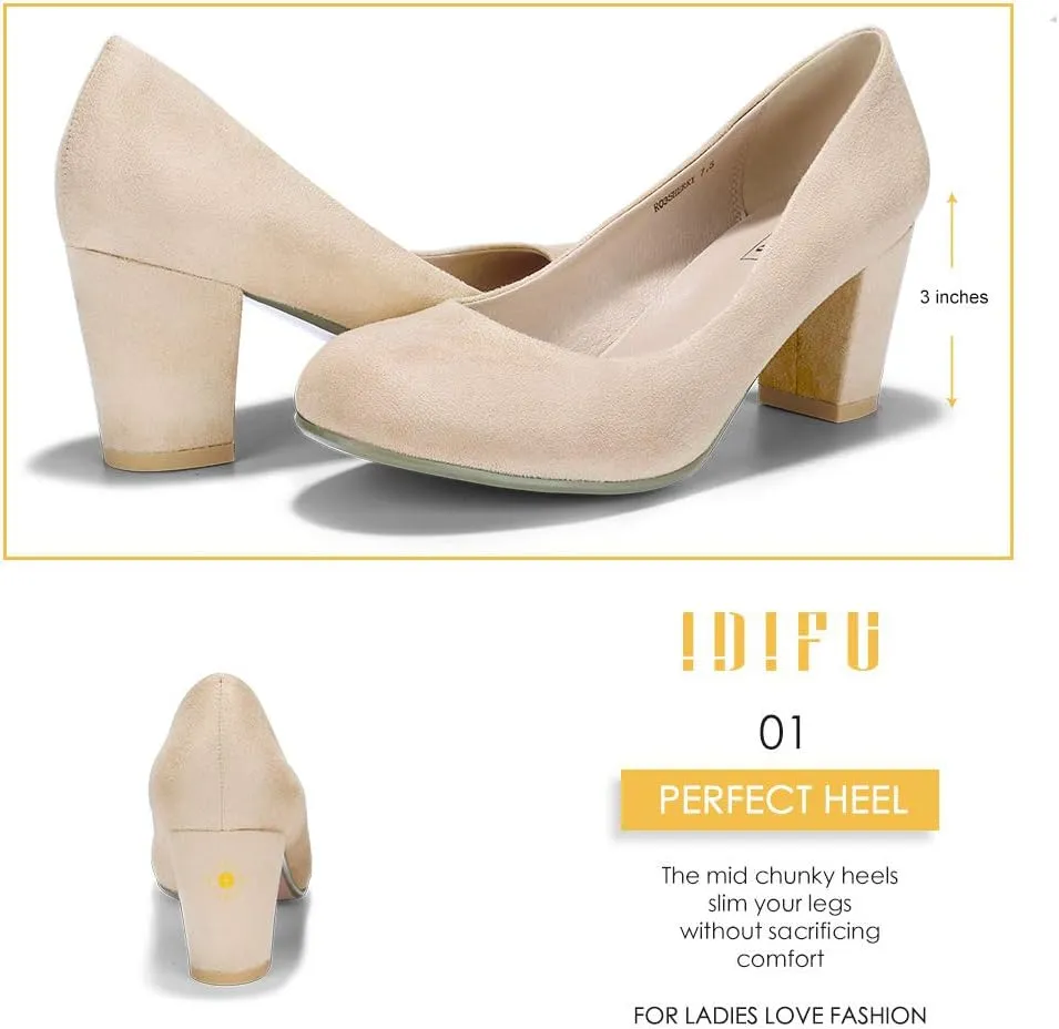 IDIFU Women's Sherry Dress Low Block Chunky Heels Pumps Closed Round Toe Shoes for Wedding Office Evening