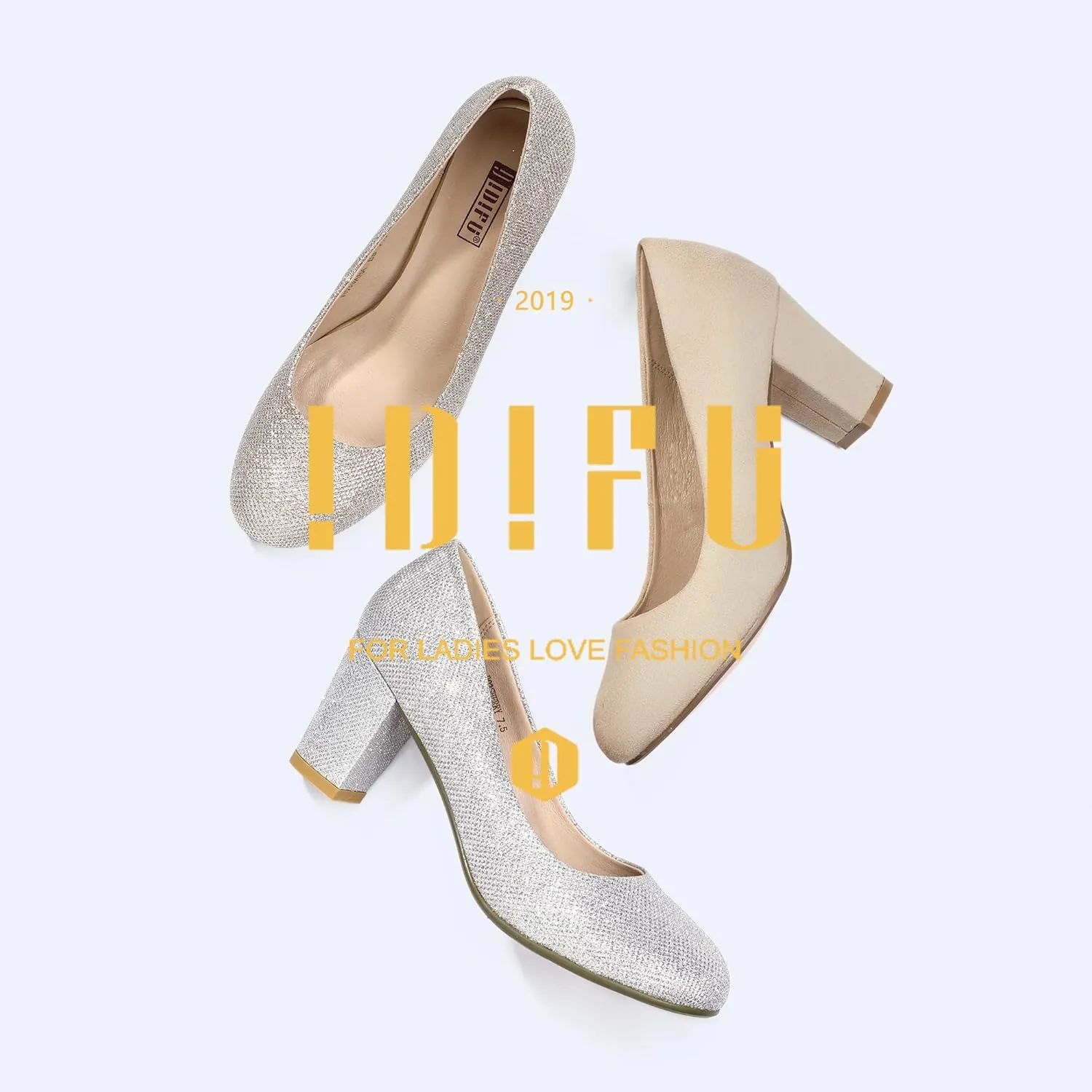 IDIFU Women's Sherry Dress Low Block Chunky Heels Pumps Closed Round Toe Shoes for Wedding Office Evening