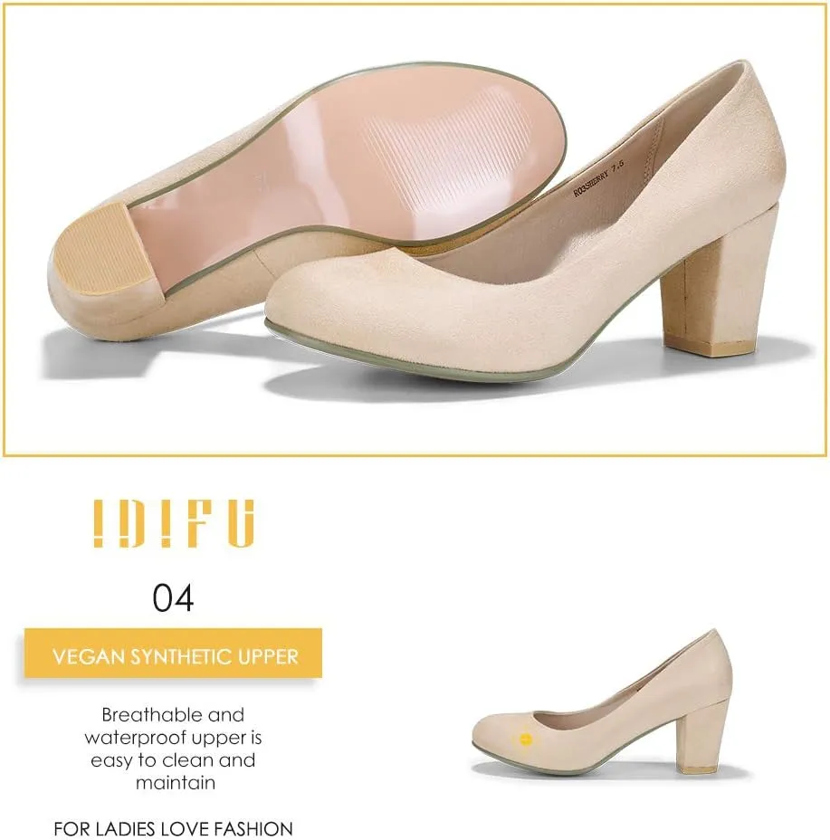 IDIFU Women's Sherry Dress Low Block Chunky Heels Pumps Closed Round Toe Shoes for Wedding Office Evening