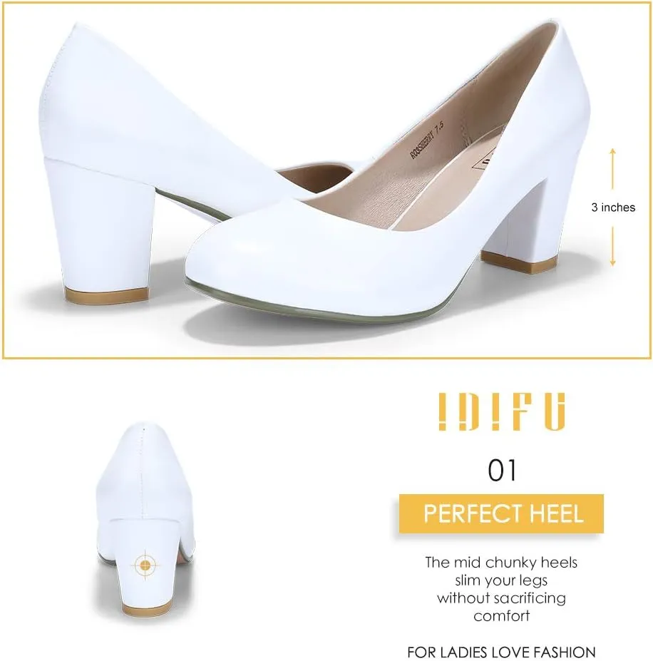 IDIFU Women's Sherry Dress Low Block Chunky Heels Pumps Closed Round Toe Shoes for Wedding Office Evening
