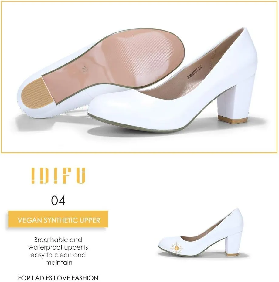 IDIFU Women's Sherry Dress Low Block Chunky Heels Pumps Closed Round Toe Shoes for Wedding Office Evening