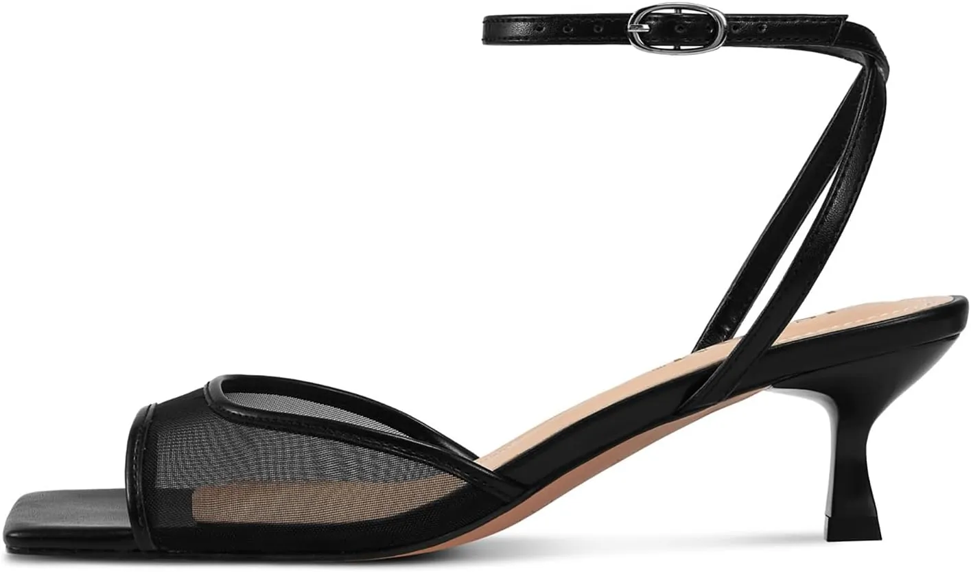 ISNOM Womens Mesh Kitten Heels Sandals Square Toe Ankle Buckle Strap Low Heels Comfort Summer Dress Shoes