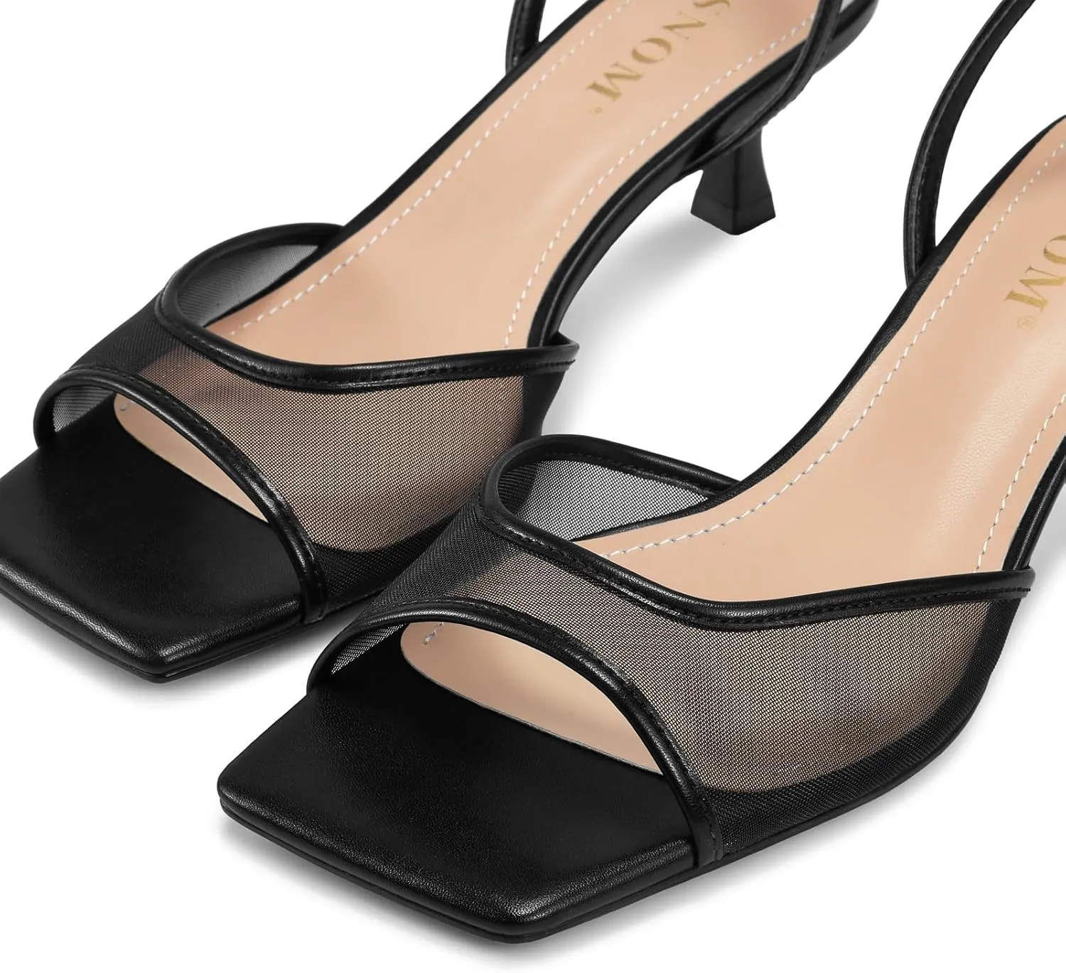 ISNOM Womens Mesh Kitten Heels Sandals Square Toe Ankle Buckle Strap Low Heels Comfort Summer Dress Shoes
