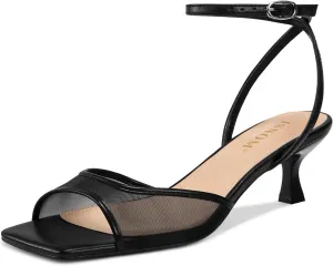 ISNOM Womens Mesh Kitten Heels Sandals Square Toe Ankle Buckle Strap Low Heels Comfort Summer Dress Shoes