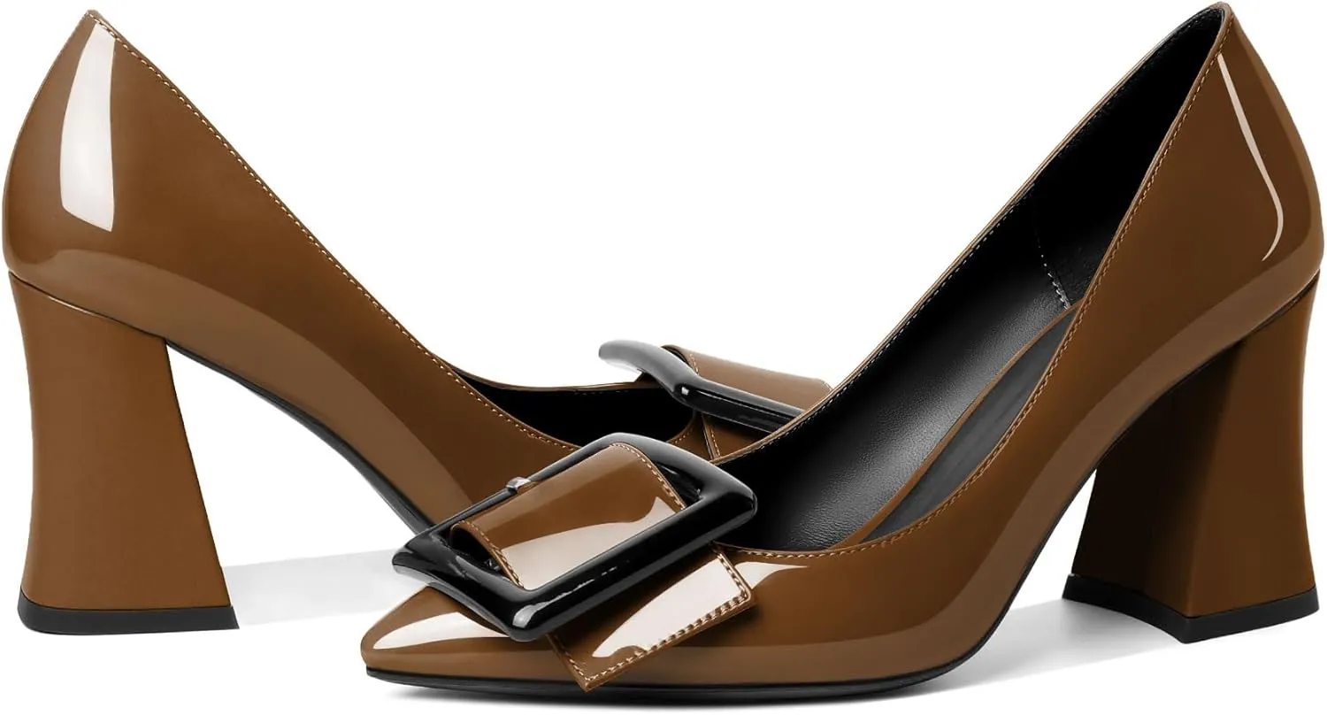 Joseywade Womens Chunky Heels High Block Heel Round Closed Toe Pumps Slip-on 3.5" Dress Shoes