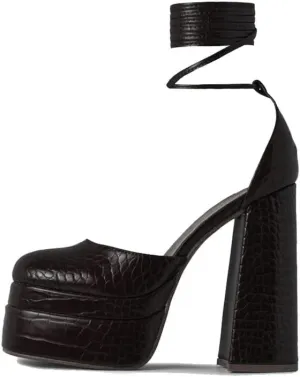 keleimusi Strappy Platform Pumps Lace-Up Square Toe Patent Leather High Blocked Chunky Sandals for Women