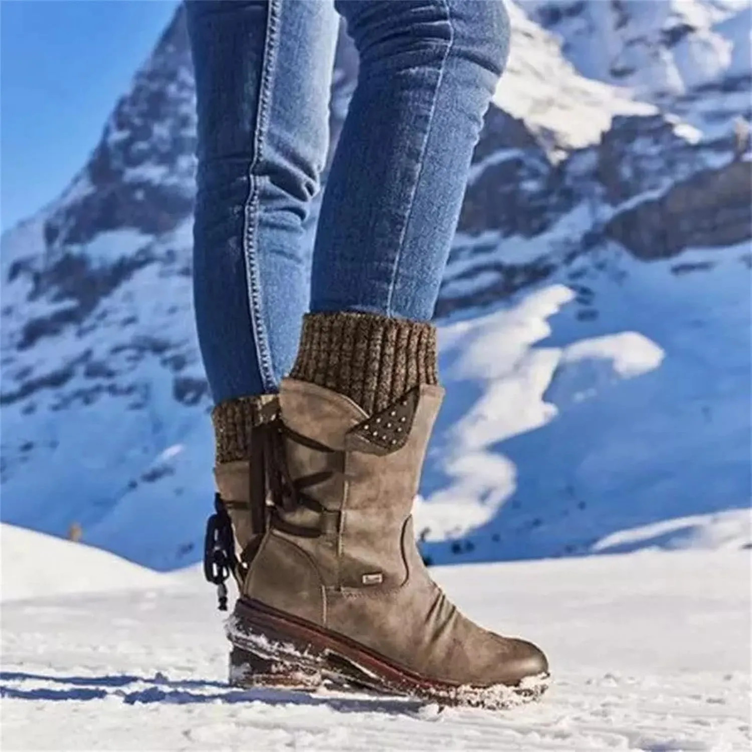 Lausiuoe Boots For Women Low Heel Mid Calf Pull On Winter Boots Side Zip Slouchy Western Cowboy Booties Non Slip Outdoor Shoes