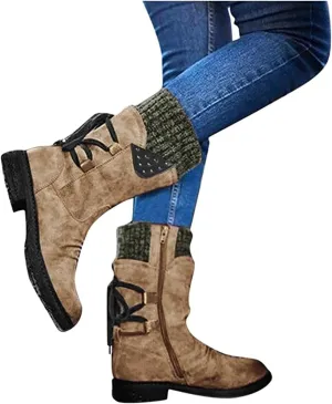 Lausiuoe Boots For Women Low Heel Mid Calf Pull On Winter Boots Side Zip Slouchy Western Cowboy Booties Non Slip Outdoor Shoes