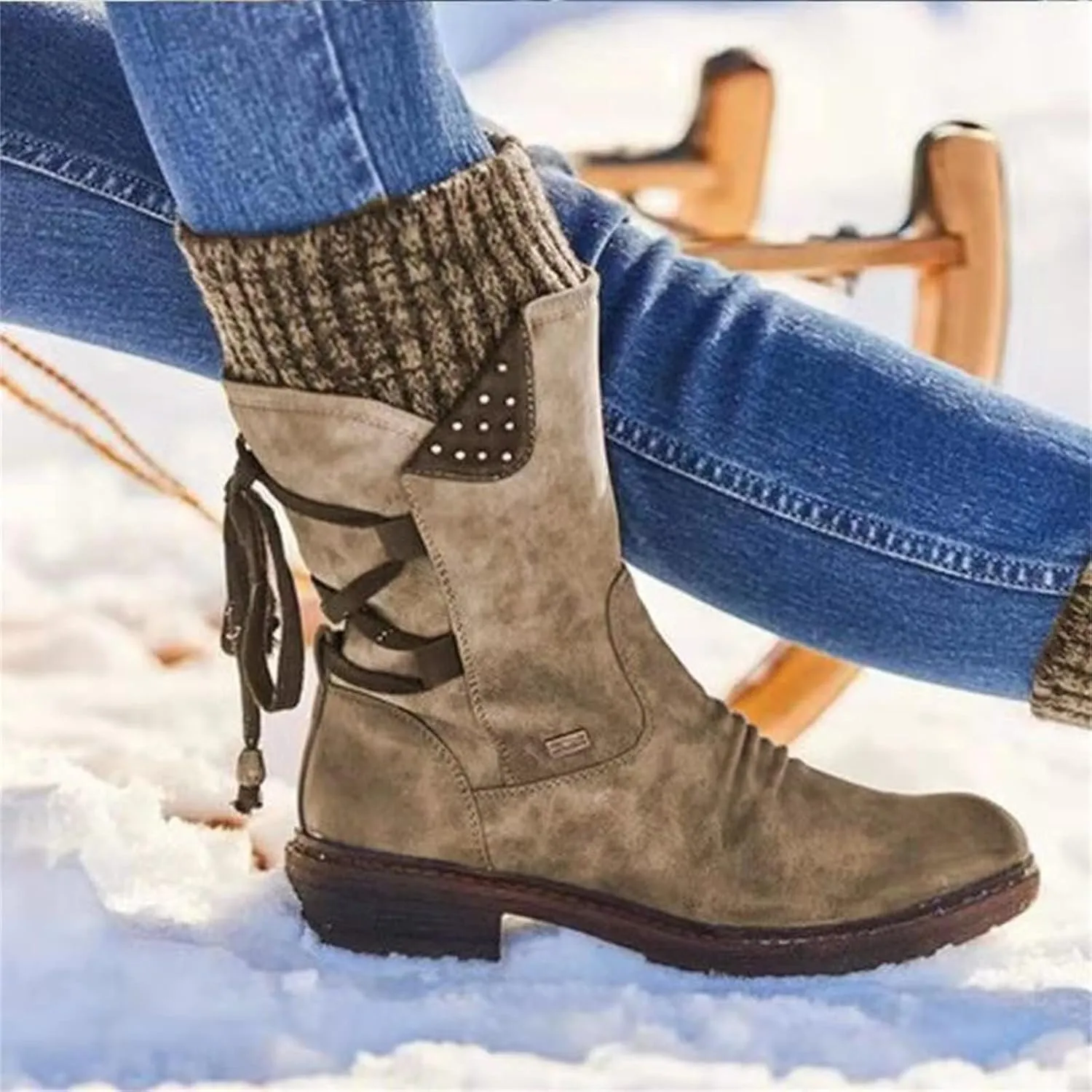 Lausiuoe Boots For Women Low Heel Mid Calf Pull On Winter Boots Side Zip Slouchy Western Cowboy Booties Non Slip Outdoor Shoes