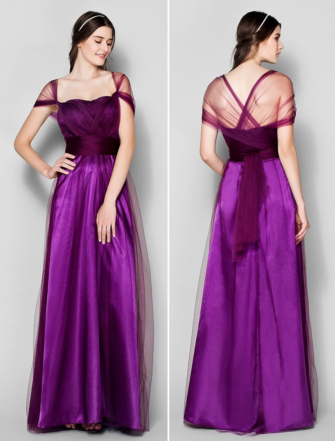 Luolandi A-Line Bridesmaid Dress Straps Sleeveless Convertible Dress Floor Length Tulle with Ruched