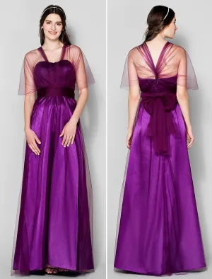Luolandi A-Line Bridesmaid Dress Straps Sleeveless Convertible Dress Floor Length Tulle with Ruched