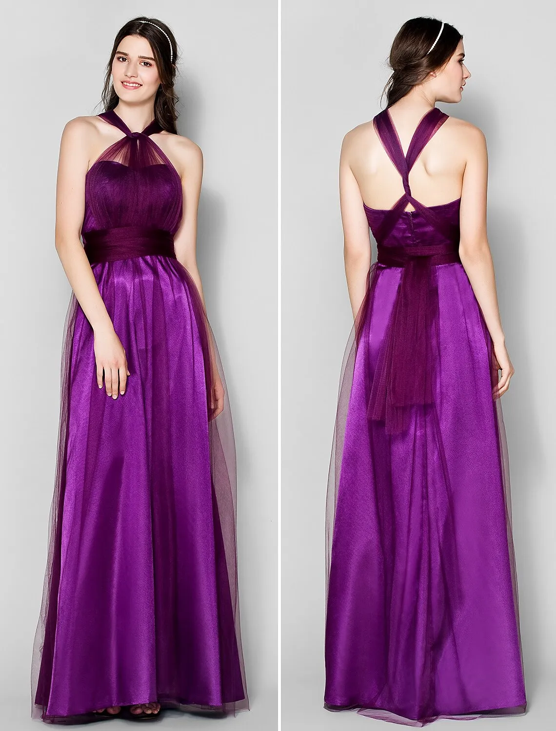 Luolandi A-Line Bridesmaid Dress Straps Sleeveless Convertible Dress Floor Length Tulle with Ruched