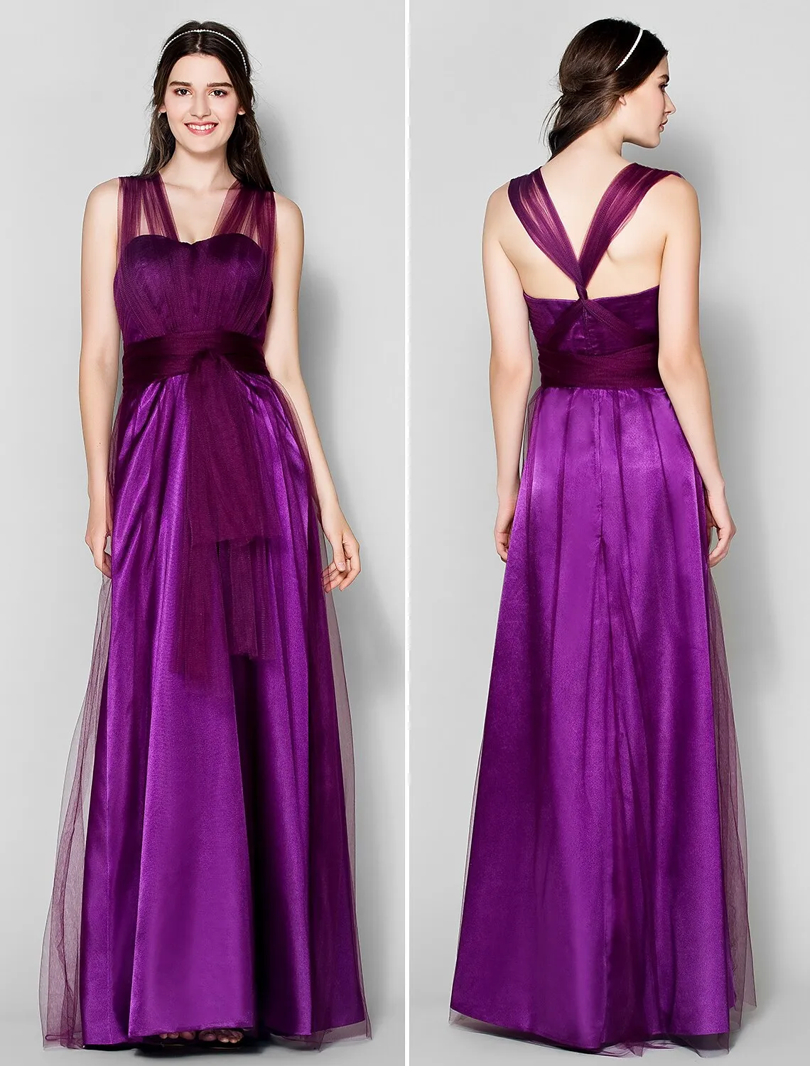 Luolandi A-Line Bridesmaid Dress Straps Sleeveless Convertible Dress Floor Length Tulle with Ruched