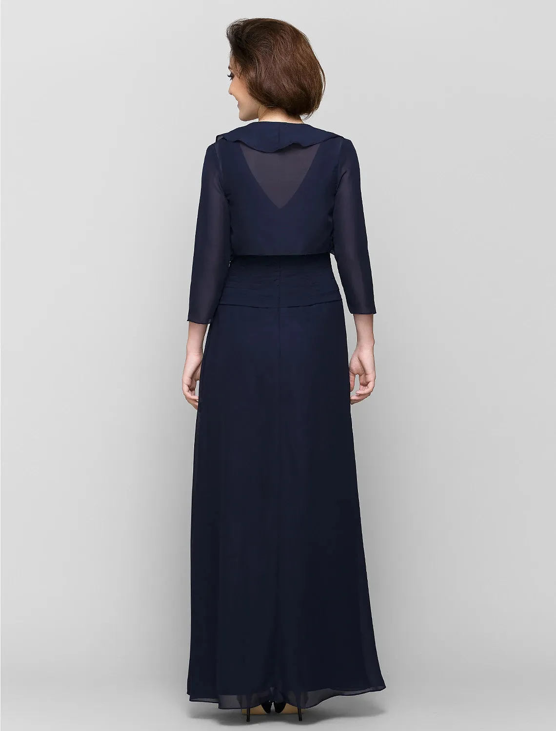 Luolandi Sheath / Column Mother of the Bride Dress Convertible Dress V Neck Floor Length Chiffon 3/4 Length Sleeve with Criss Cross Cascading