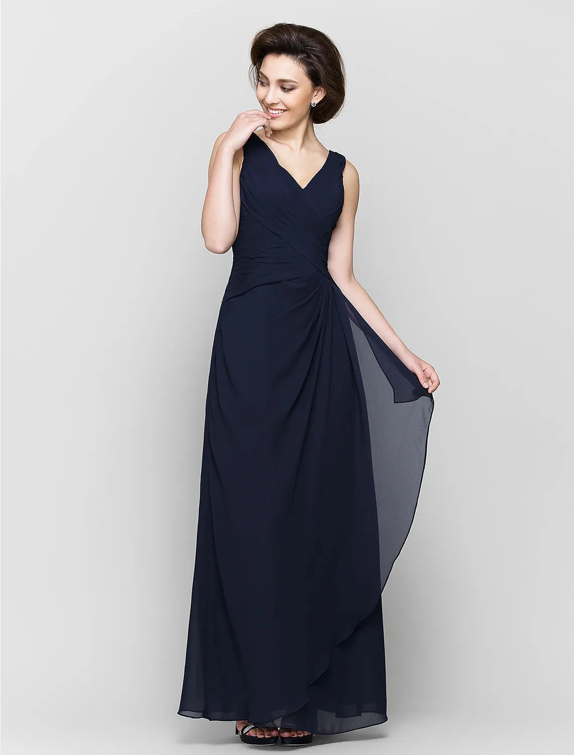 Luolandi Sheath / Column Mother of the Bride Dress Convertible Dress V Neck Floor Length Chiffon 3/4 Length Sleeve with Criss Cross Cascading
