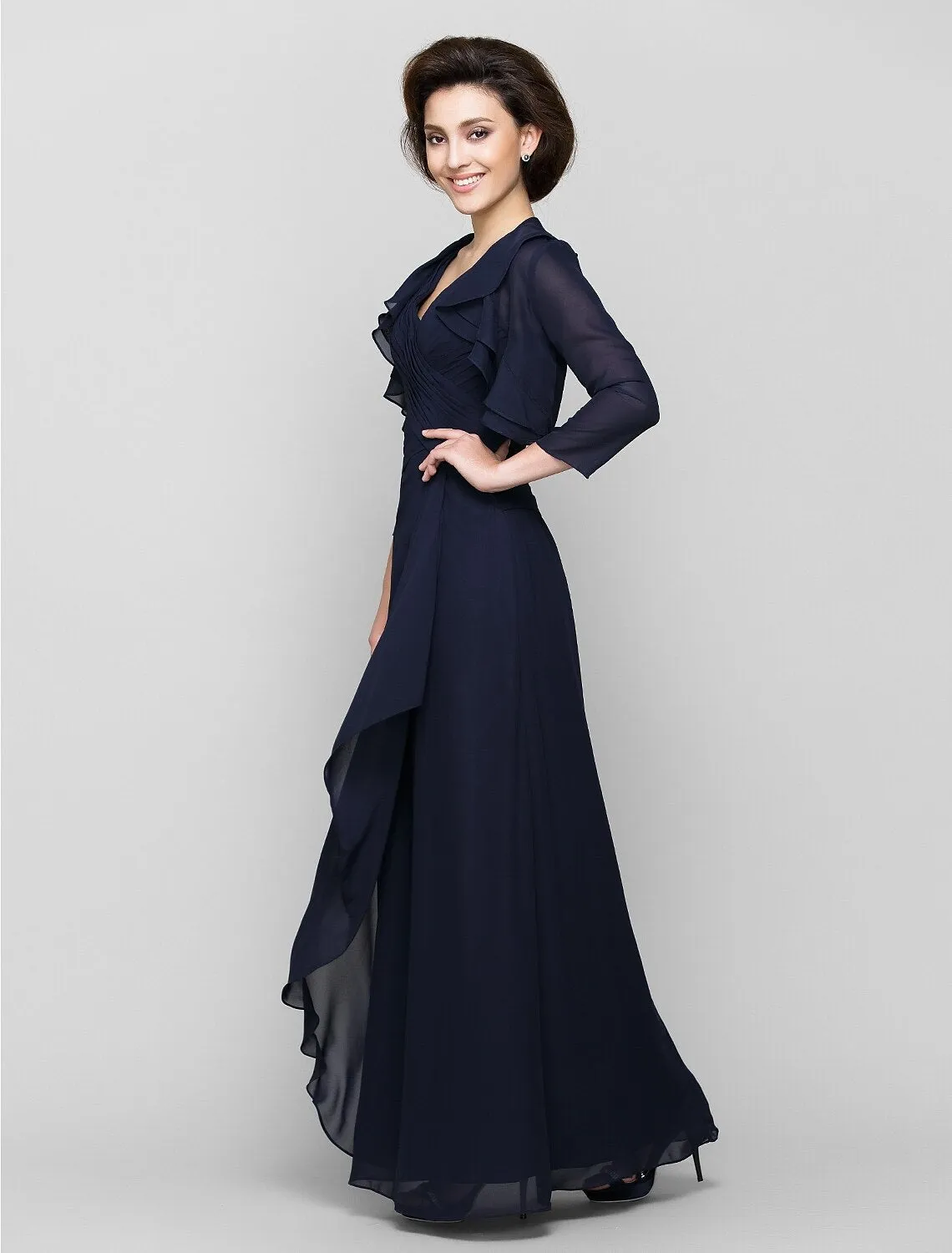 Luolandi Sheath / Column Mother of the Bride Dress Convertible Dress V Neck Floor Length Chiffon 3/4 Length Sleeve with Criss Cross Cascading