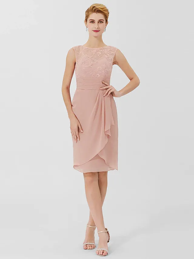 Luolandi Sheath / Column Mother of the Bride Dress Formal Classic & Timeless Elegant & Luxurious Convertible Dress Jewel Neck Knee Length Chiffon Sheer Lace 3/4 Length Sleeve with Sash