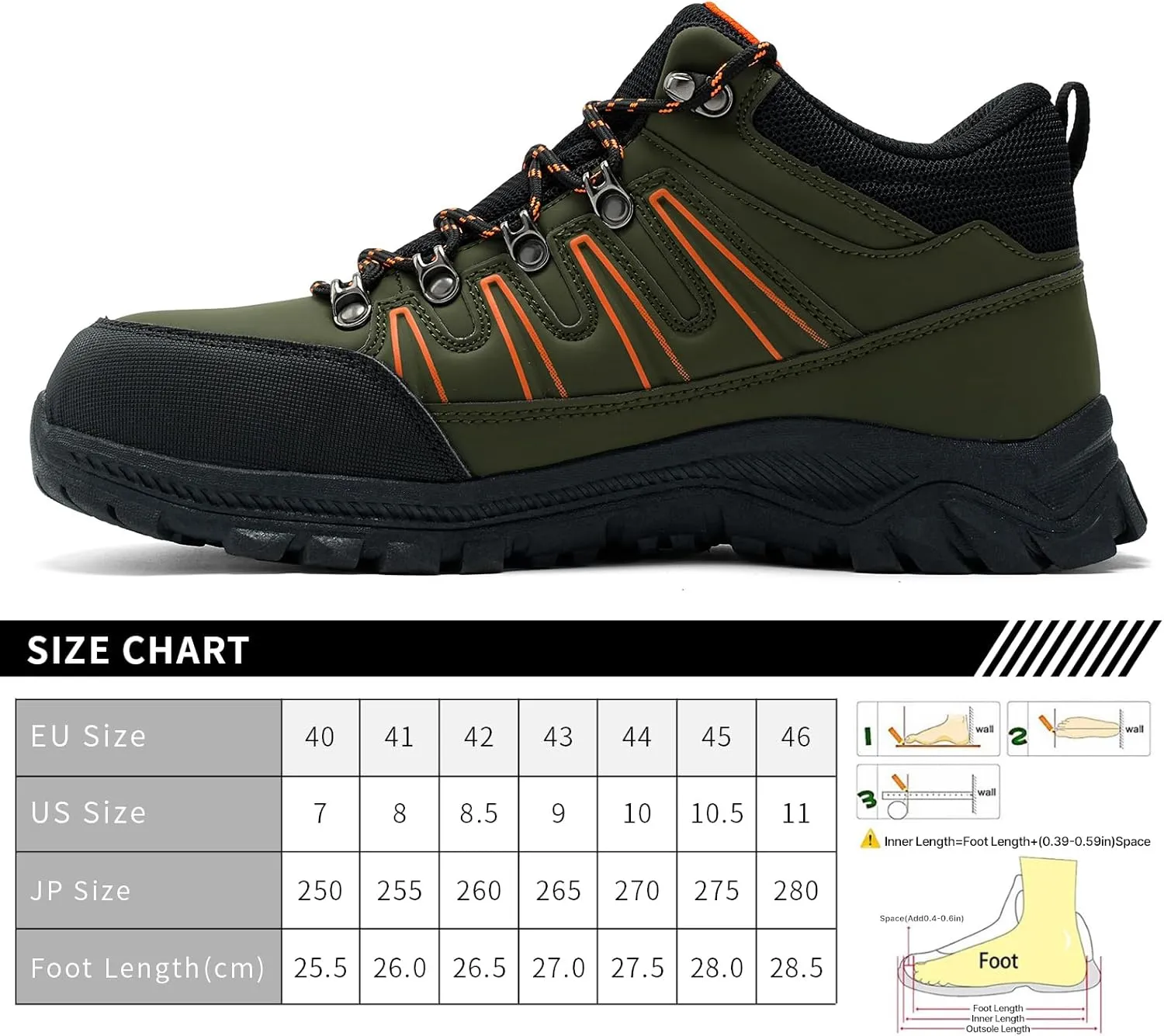 Men's Green Steel Toe Hiking Shoes, Industrial Safety Boots with Puncture Proof, Non Slip, Water Resistant, Comfortable for Construction, Outdoor, Work & Daily Use