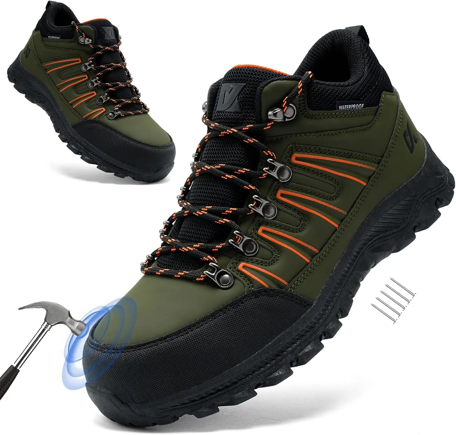 Men's Green Steel Toe Hiking Shoes, Industrial Safety Boots with Puncture Proof, Non Slip, Water Resistant, Comfortable for Construction, Outdoor, Work & Daily Use