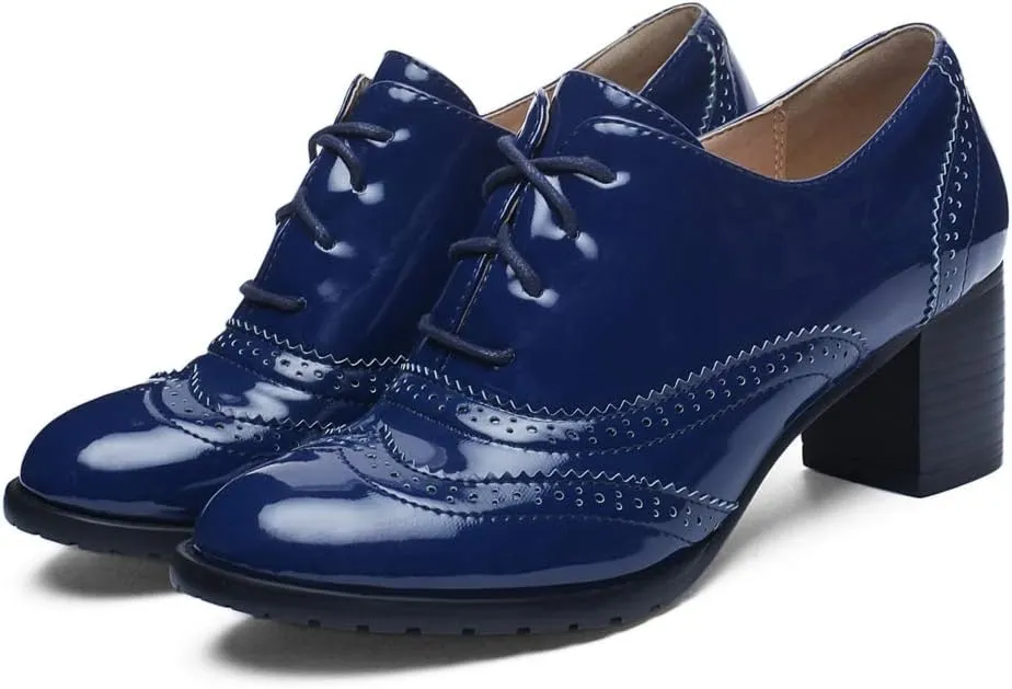 MIOKE Women's Chunky Block Heel Pump Oxfords Wingtip Lace Up Patent Leather Vintage Brogues Dress Shoes