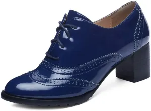 MIOKE Women's Chunky Block Heel Pump Oxfords Wingtip Lace Up Patent Leather Vintage Brogues Dress Shoes
