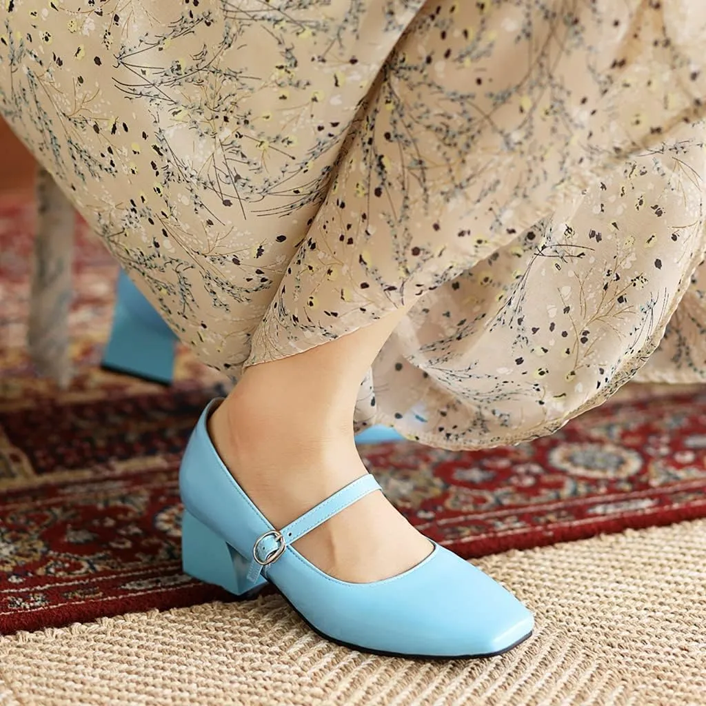 MIOKE Women's Chunky Mid Heel Dress Pumps Suede Square Toe Buckle Slip-On Comfort Casual Work Office Shoes