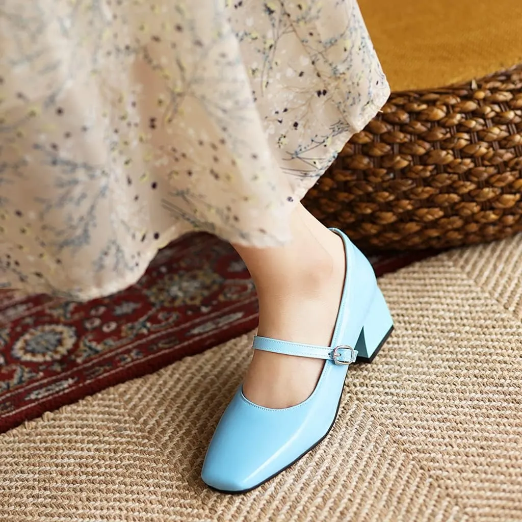 MIOKE Women's Chunky Mid Heel Dress Pumps Suede Square Toe Buckle Slip-On Comfort Casual Work Office Shoes